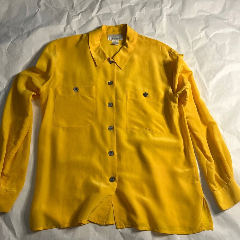 Silk Studio VTG Claude Bennett Womens 100 Silk Yellow Button Pocket Top Blouse 6